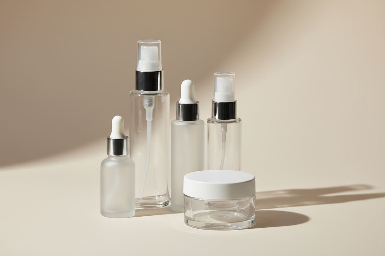 empty cosmetics bottles and jars